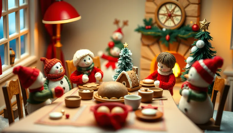 Illustration of a holiday dinner scene (Cup Cakes and Cocoa)