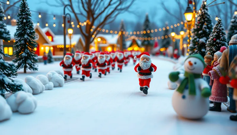 Illustration of a santa run scene (Out with the Old 1/2 Marathon, 10K, and 5K)