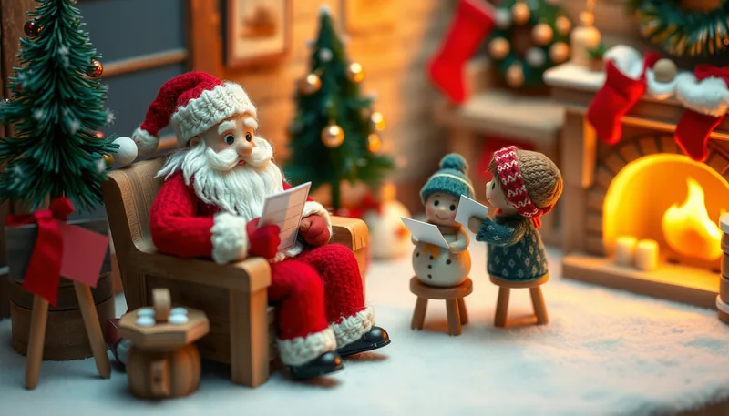 Illustration of a santa visit scene (Santa's Workshop)