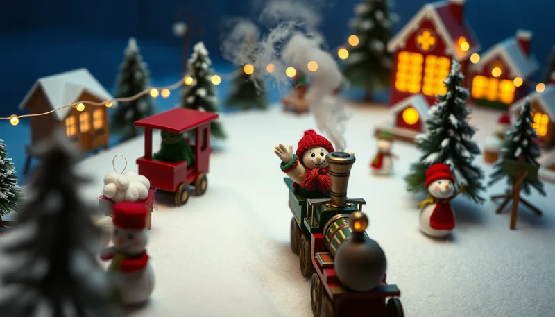 Illustration of a train ride scene (North Pole Express Train Ride)